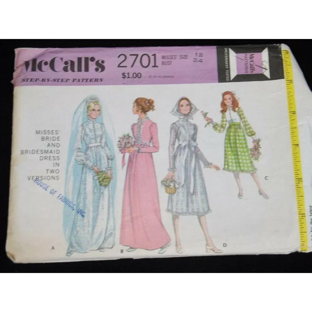 McCalls Sewing Pattern 2701 Size 12 Vtg 70s Cut Wedding Dress Bridesmaid Dress